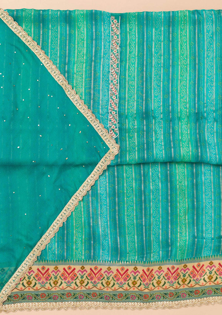 Turquoise Blue Threadwork Semi Crepe Unstitched Salwar Suit