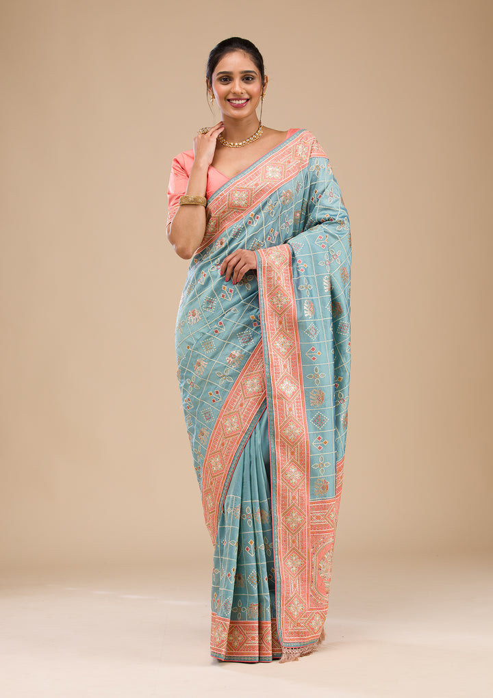 Turquoise Blue Threadwork Semi Crepe Saree