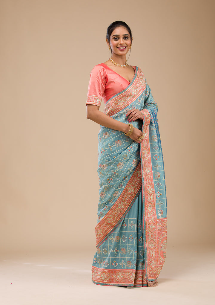 Turquoise Blue Threadwork Semi Crepe Saree