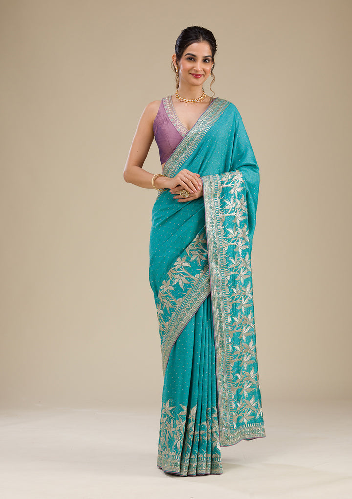 Turquoise Blue Zariwork Art Silk Saree