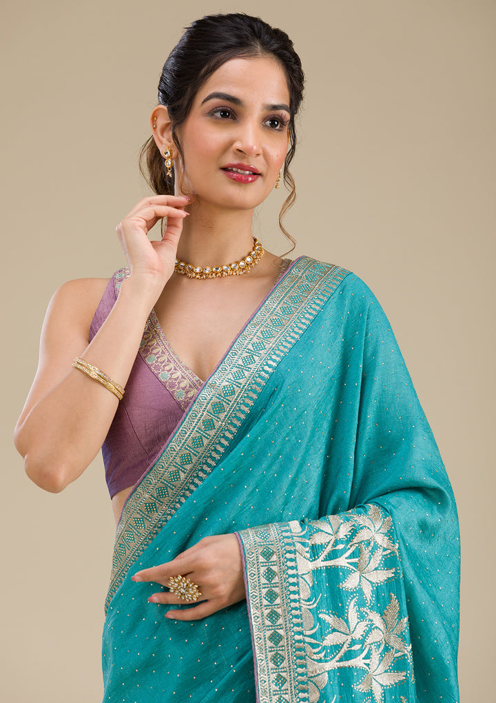 Turquoise Blue Zariwork Art Silk Saree