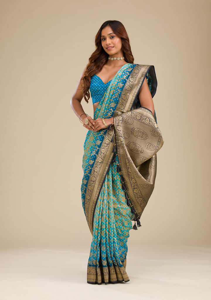 Turquoise Blue Zariwork Georgette Saree