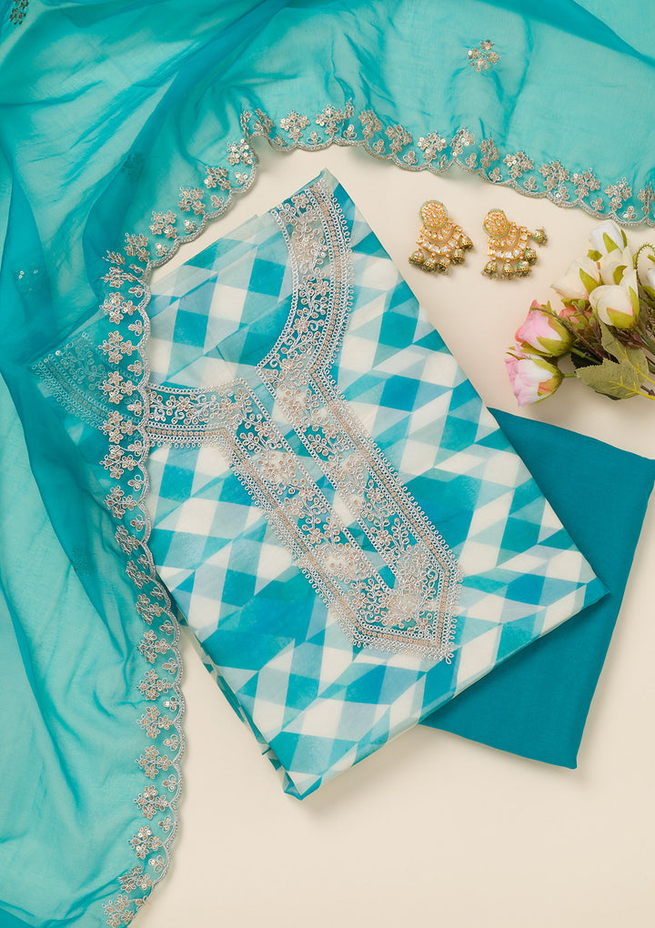 Turquoise Blue Zariwork Organza Unstitched Salwar Suit