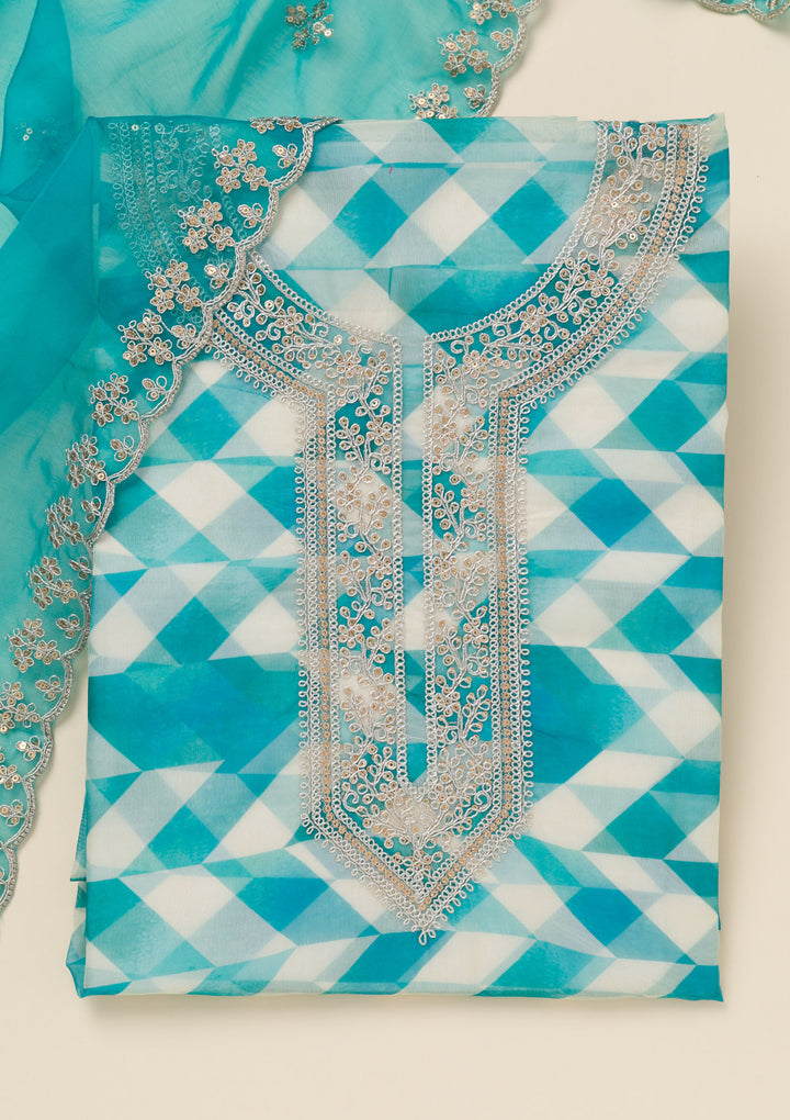 Turquoise Blue Zariwork Organza Unstitched Salwar Suit