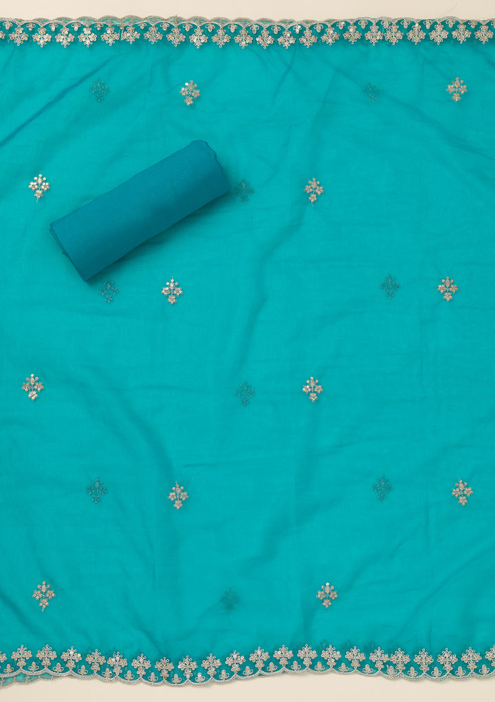 Turquoise Blue Zariwork Organza Unstitched Salwar Suit