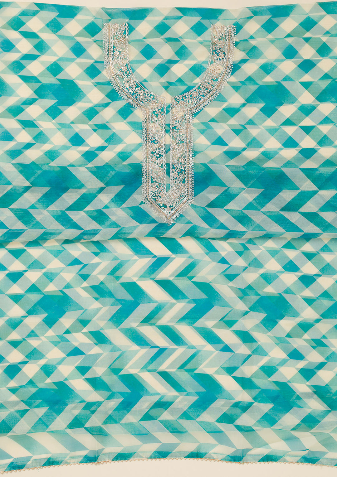 Turquoise Blue Zariwork Organza Unstitched Salwar Suit