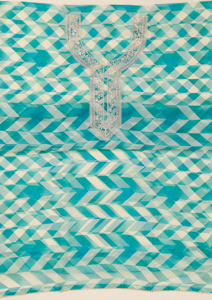 Turquoise Blue Zariwork Organza Unstitched Salwar Suit