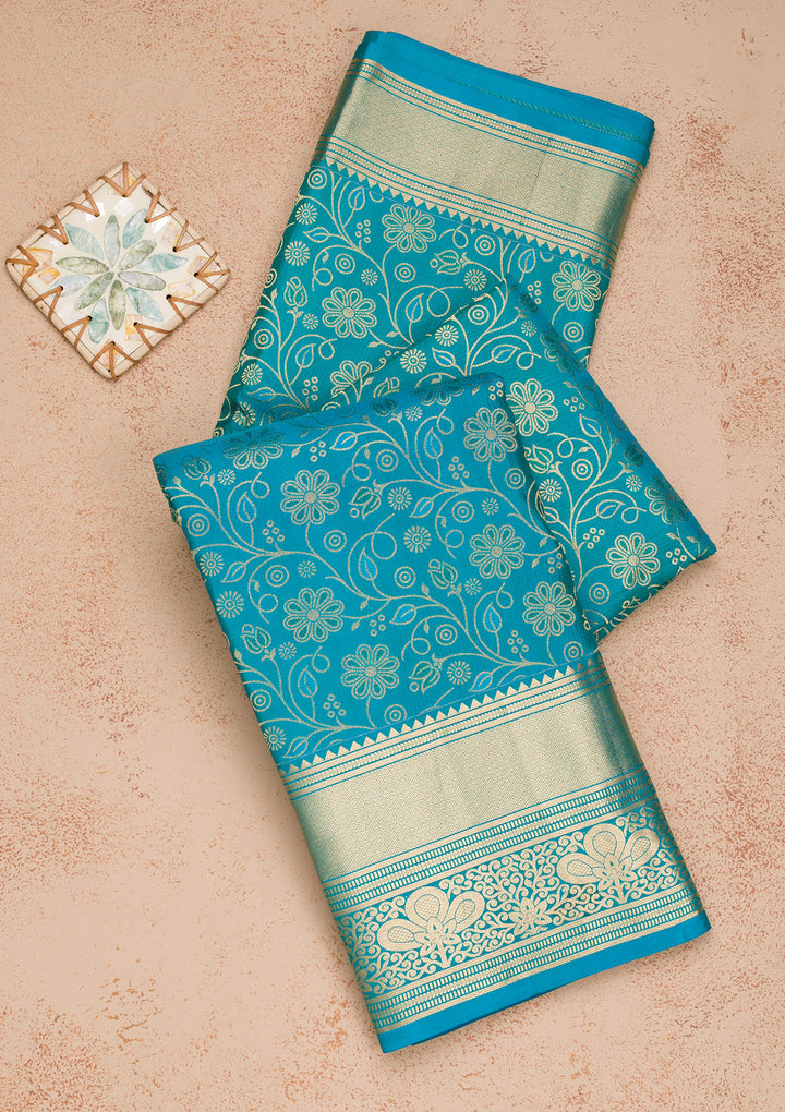 Turquoise Blue Zariwork Pure Silk Saree