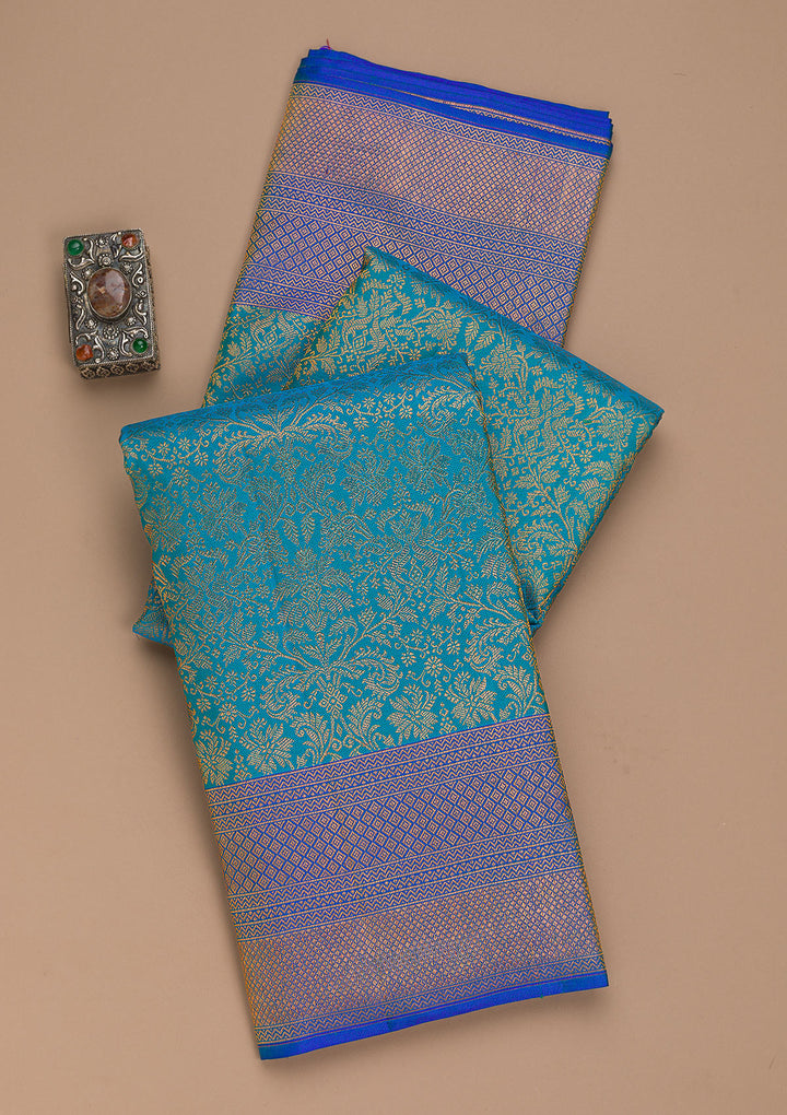 Turquoise Blue Zariwork Pure Silk Saree
