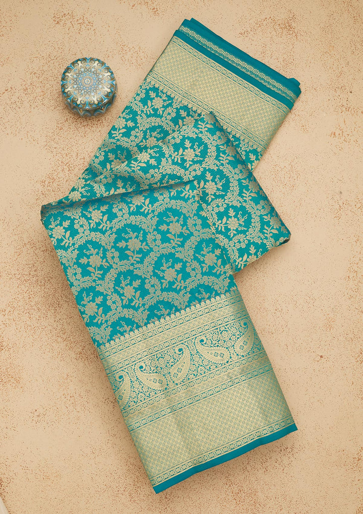 Turquoise Blue Zariwork Pure Silk Saree