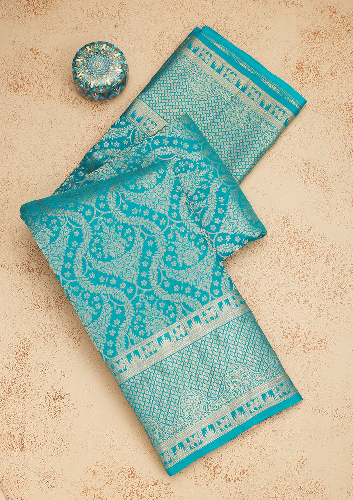 Turquoise Blue Zariwork Pure Silk Saree