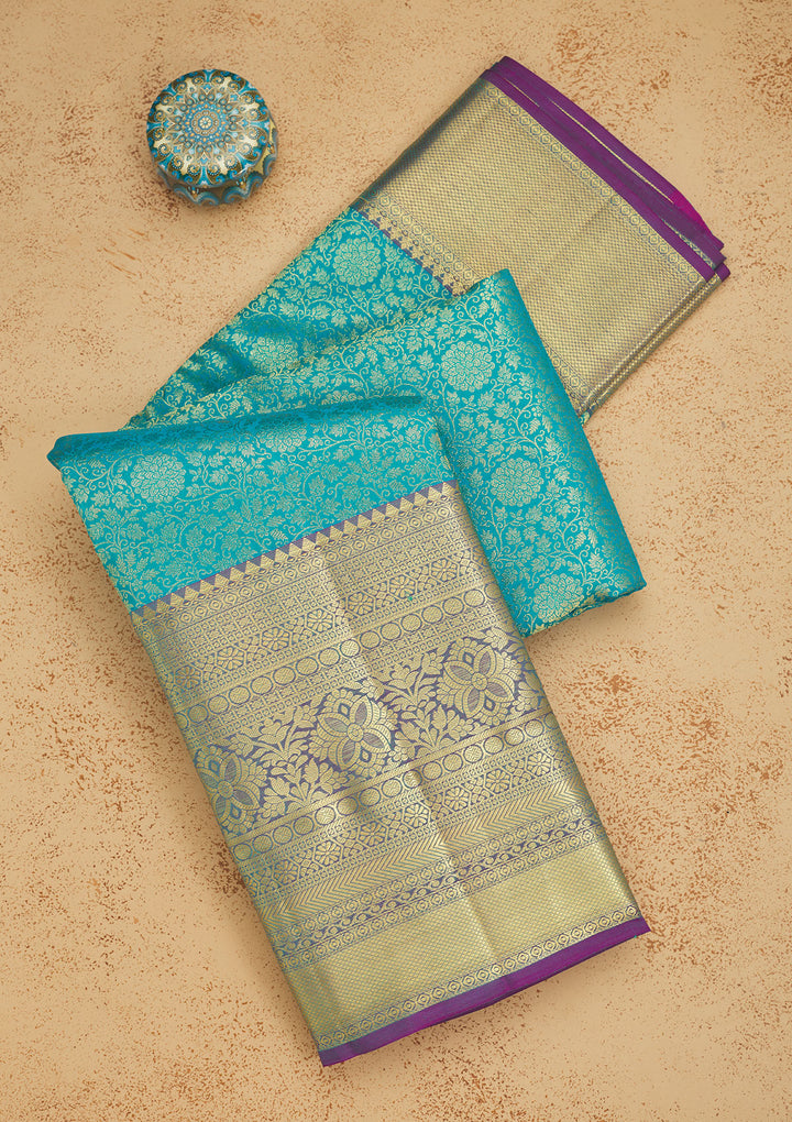 Turquoise Blue Zariwork Pure Silk Saree