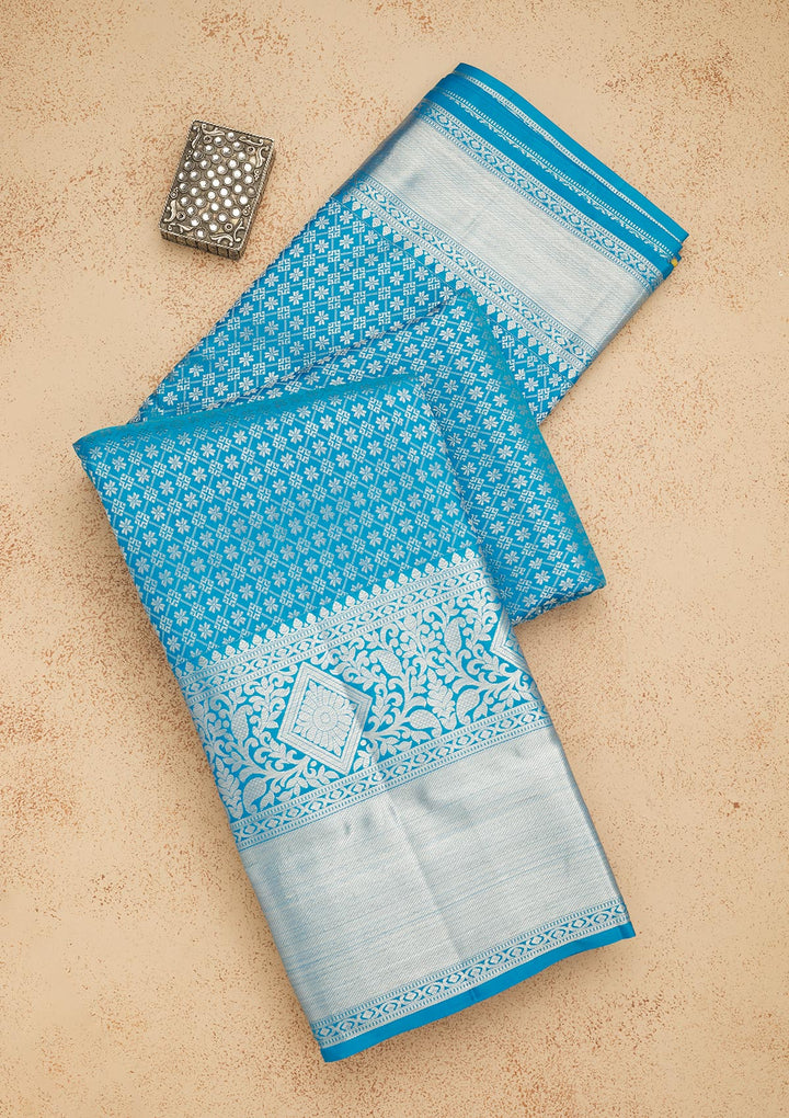 Turquoise Blue Zariwork Pure Silk Saree