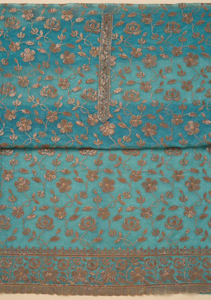 Turquoise Blue Zariwork Raw Silk Unstitched Salwar Suit