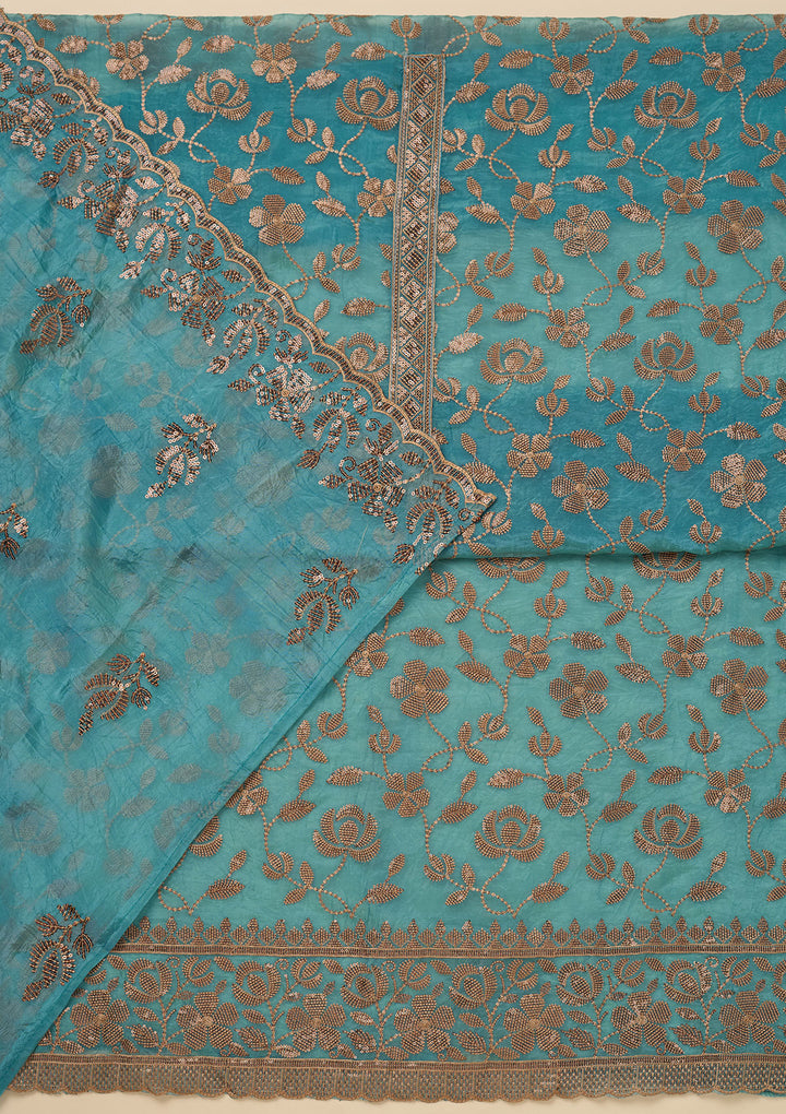 Turquoise Blue Zariwork Raw Silk Unstitched Salwar Suit