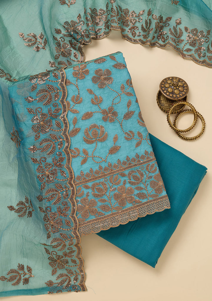 Turquoise Blue Zariwork Raw Silk Unstitched Salwar Suit