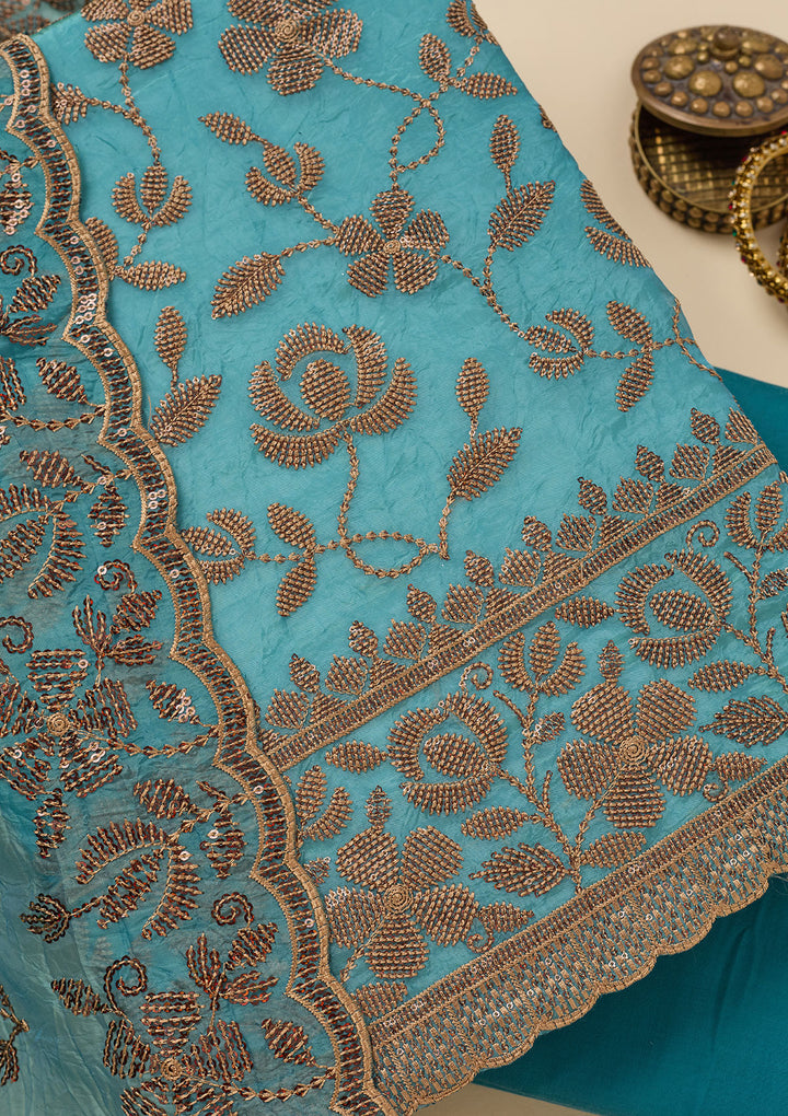 Turquoise Blue Zariwork Raw Silk Unstitched Salwar Suit