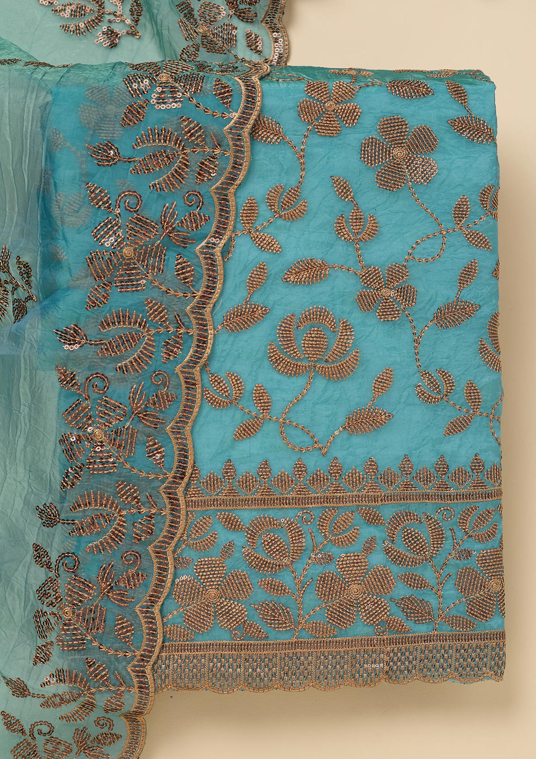 Turquoise Blue Zariwork Raw Silk Unstitched Salwar Suit