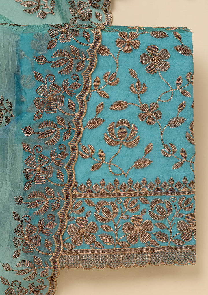 Turquoise Blue Zariwork Raw Silk Unstitched Salwar Suit