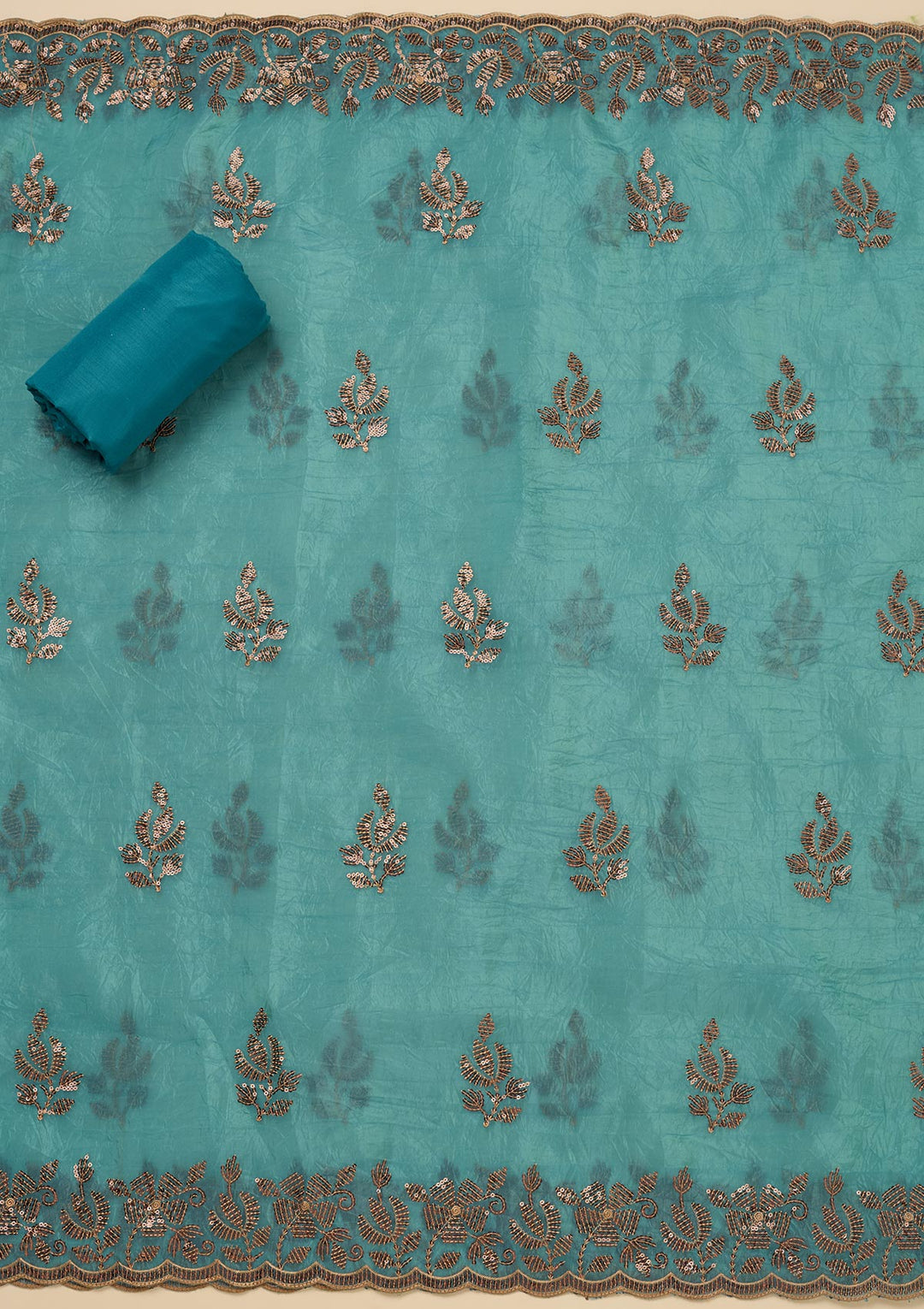 Turquoise Blue Zariwork Raw Silk Unstitched Salwar Suit