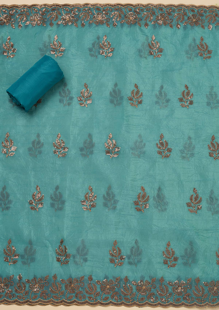 Turquoise Blue Zariwork Raw Silk Unstitched Salwar Suit