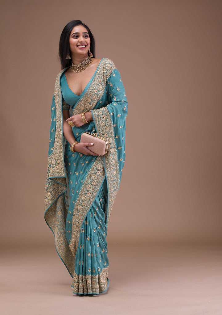 Sea Green Zariwork Raw Silk Saree