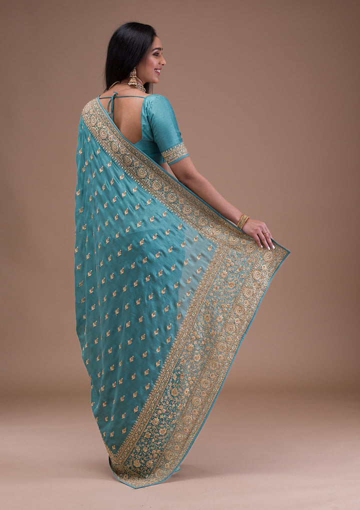 Sea Green Zariwork Raw Silk Saree