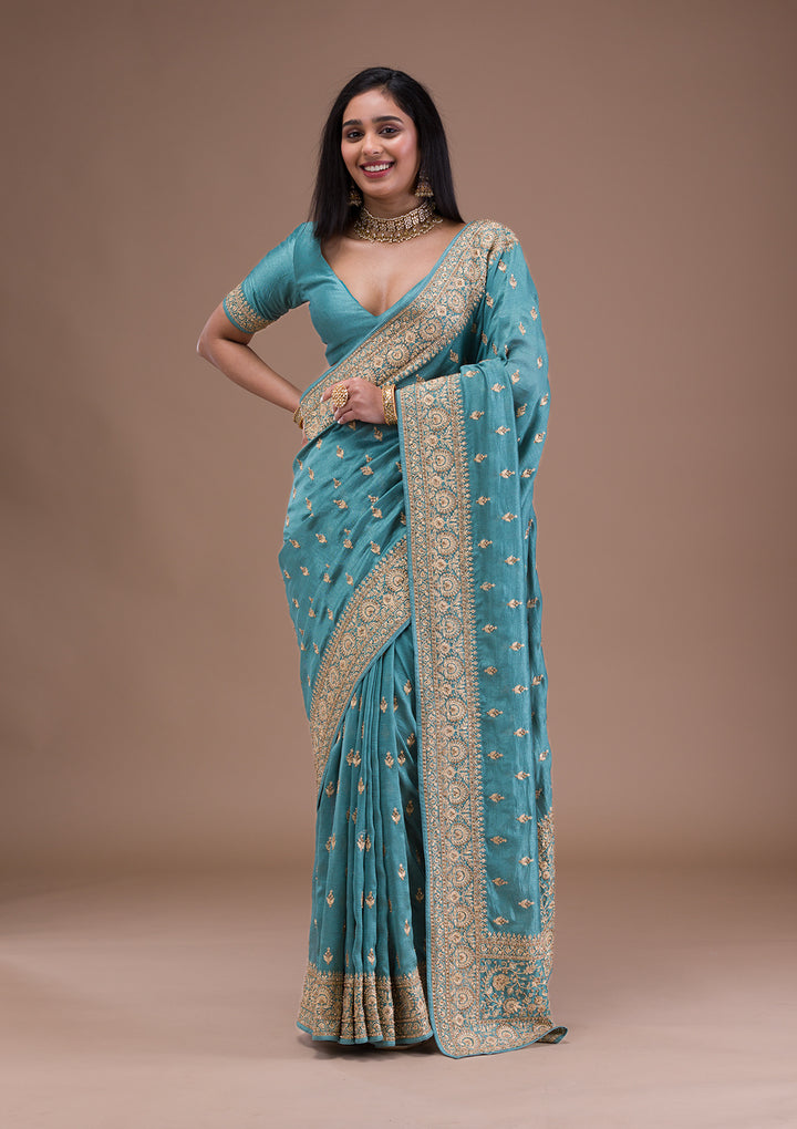 Sea Green Zariwork Raw Silk Saree