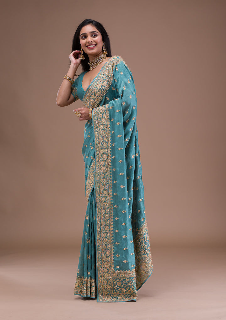 Sea Green Zariwork Raw Silk Saree