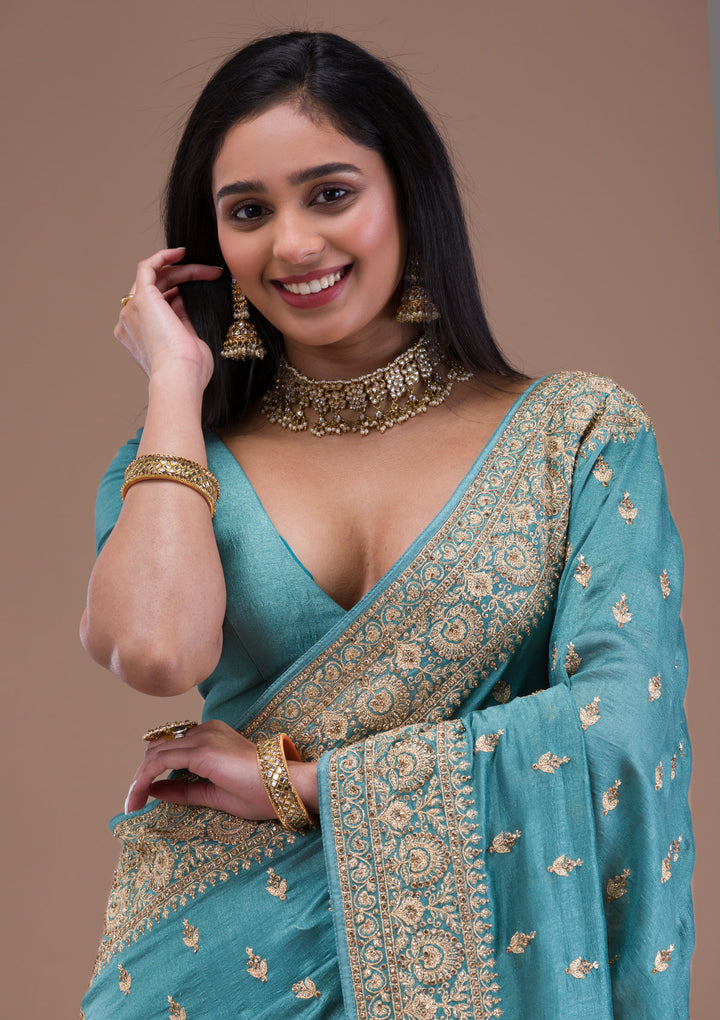 Sea Green Zariwork Raw Silk Saree