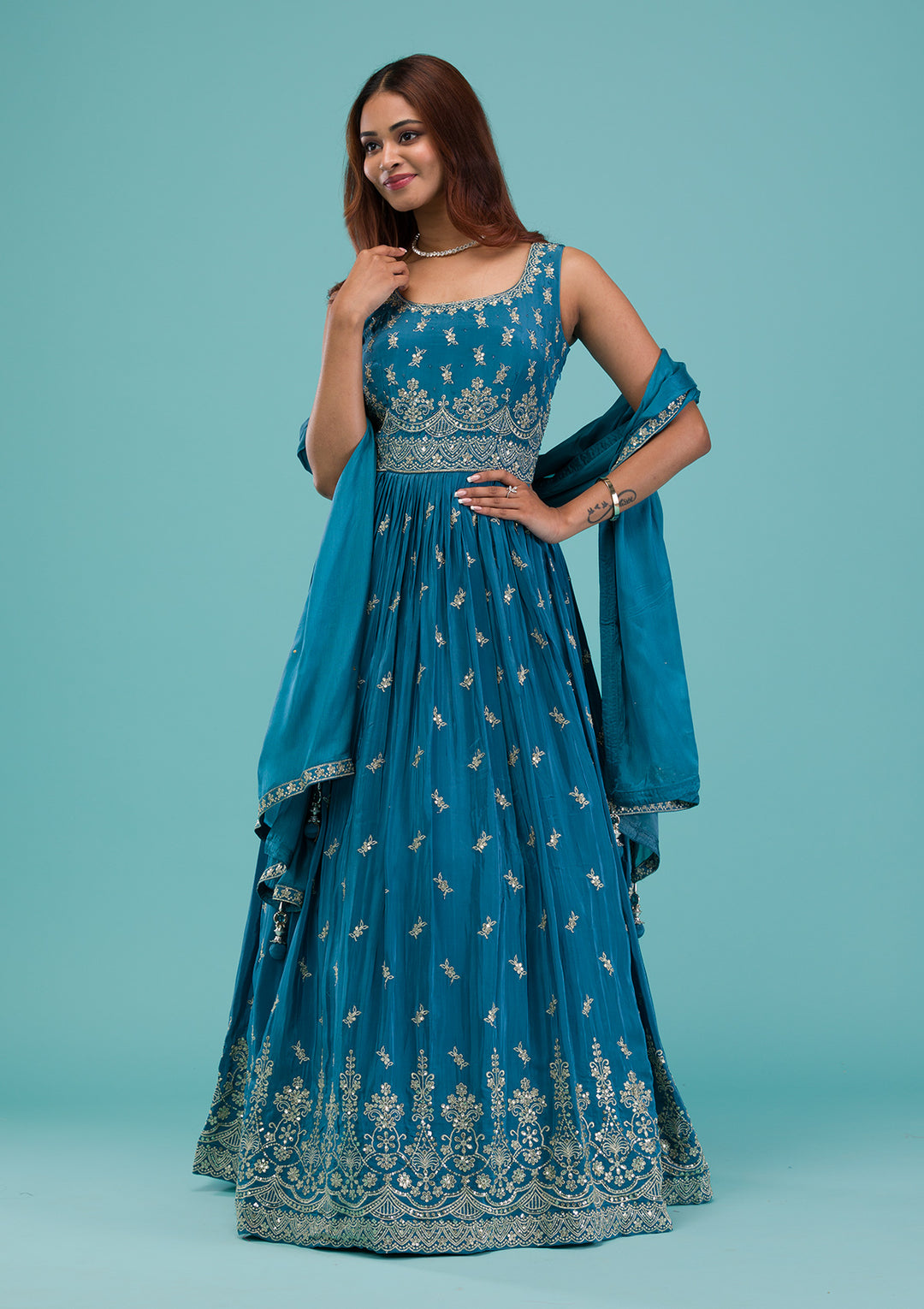 Turquoise Blue Zariwork Semi Crepe Readymade Anarkali Suit
