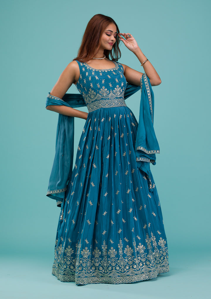 Turquoise Blue Zariwork Semi Crepe Readymade Anarkali Suit