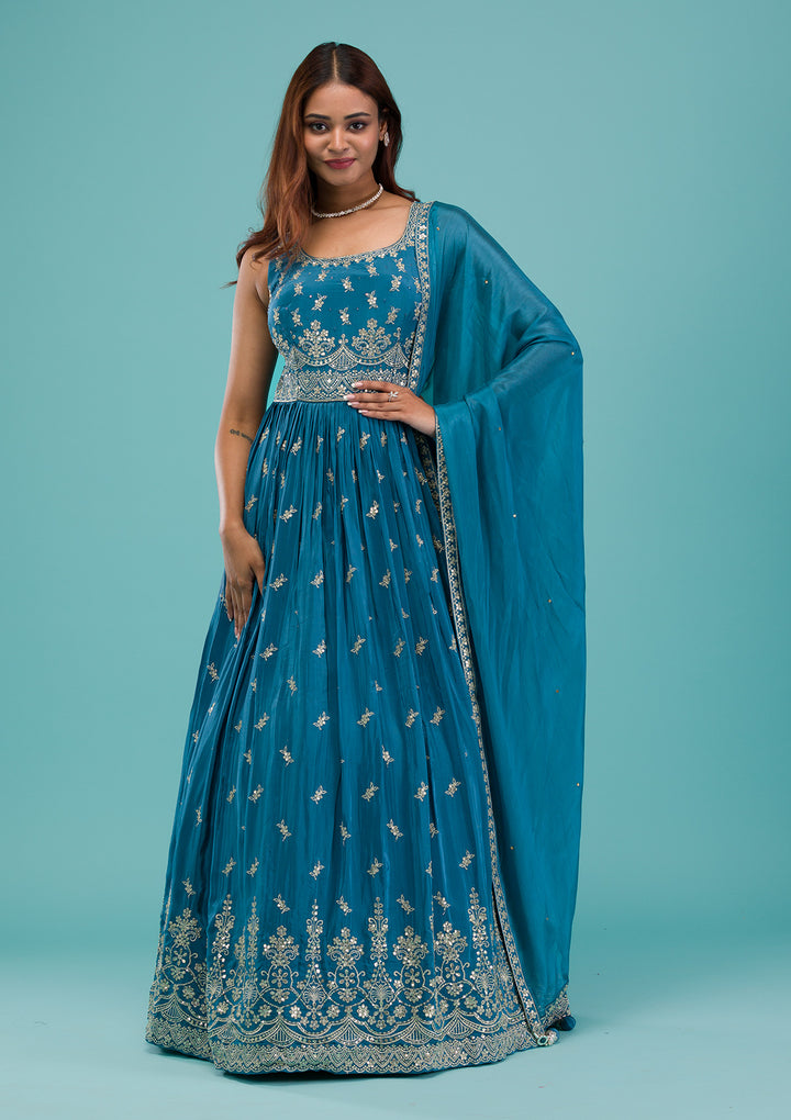 Turquoise Blue Zariwork Semi Crepe Readymade Anarkali Suit