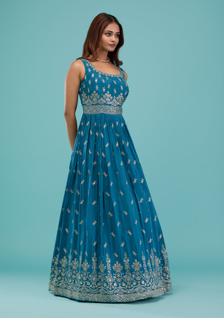 Turquoise Blue Zariwork Semi Crepe Readymade Anarkali Suit