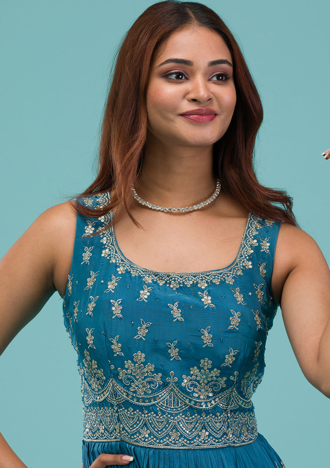 Turquoise Blue Zariwork Semi Crepe Readymade Anarkali Suit