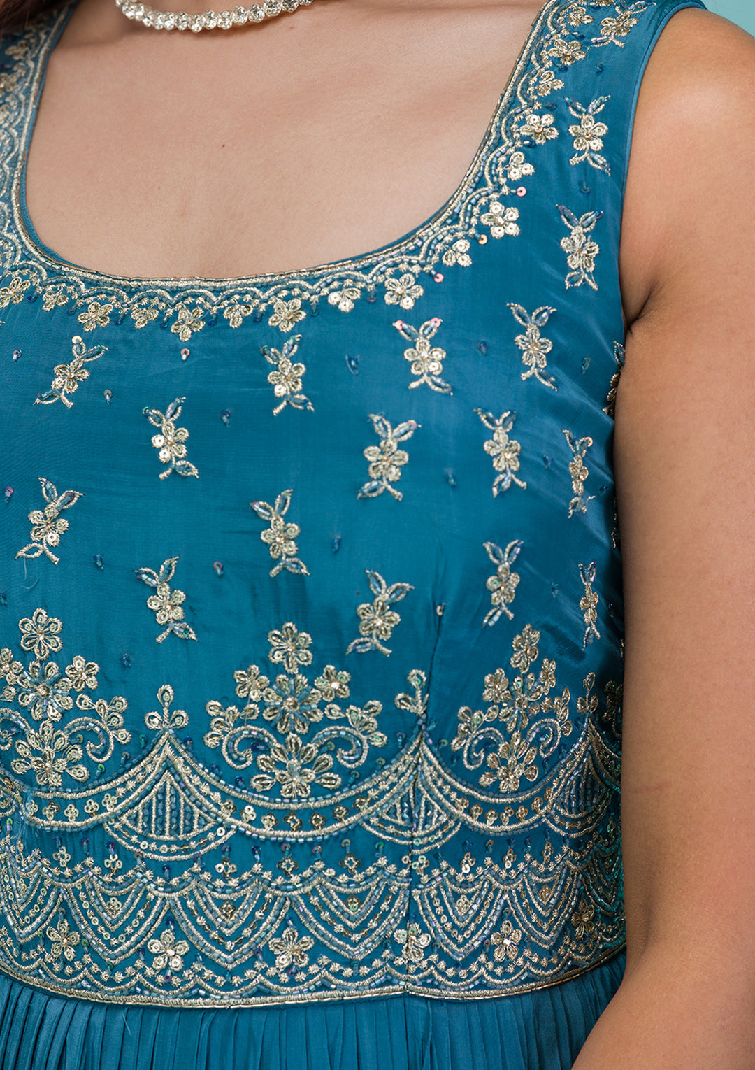 Turquoise Blue Zariwork Semi Crepe Readymade Anarkali Suit