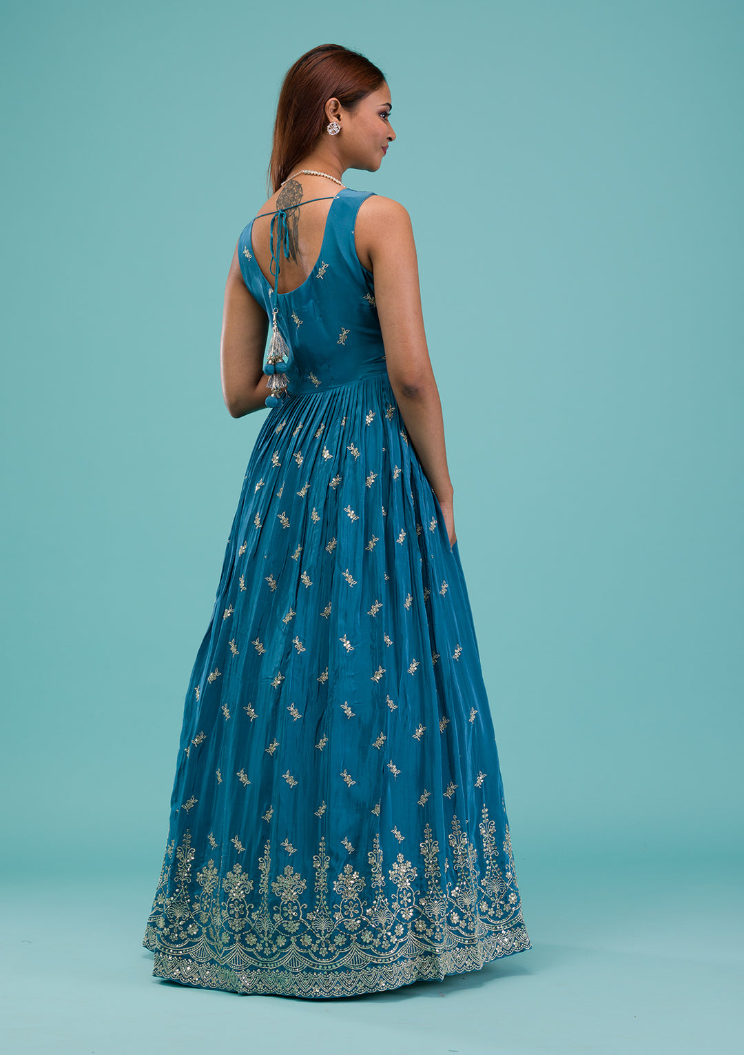Turquoise Blue Zariwork Semi Crepe Readymade Anarkali Suit