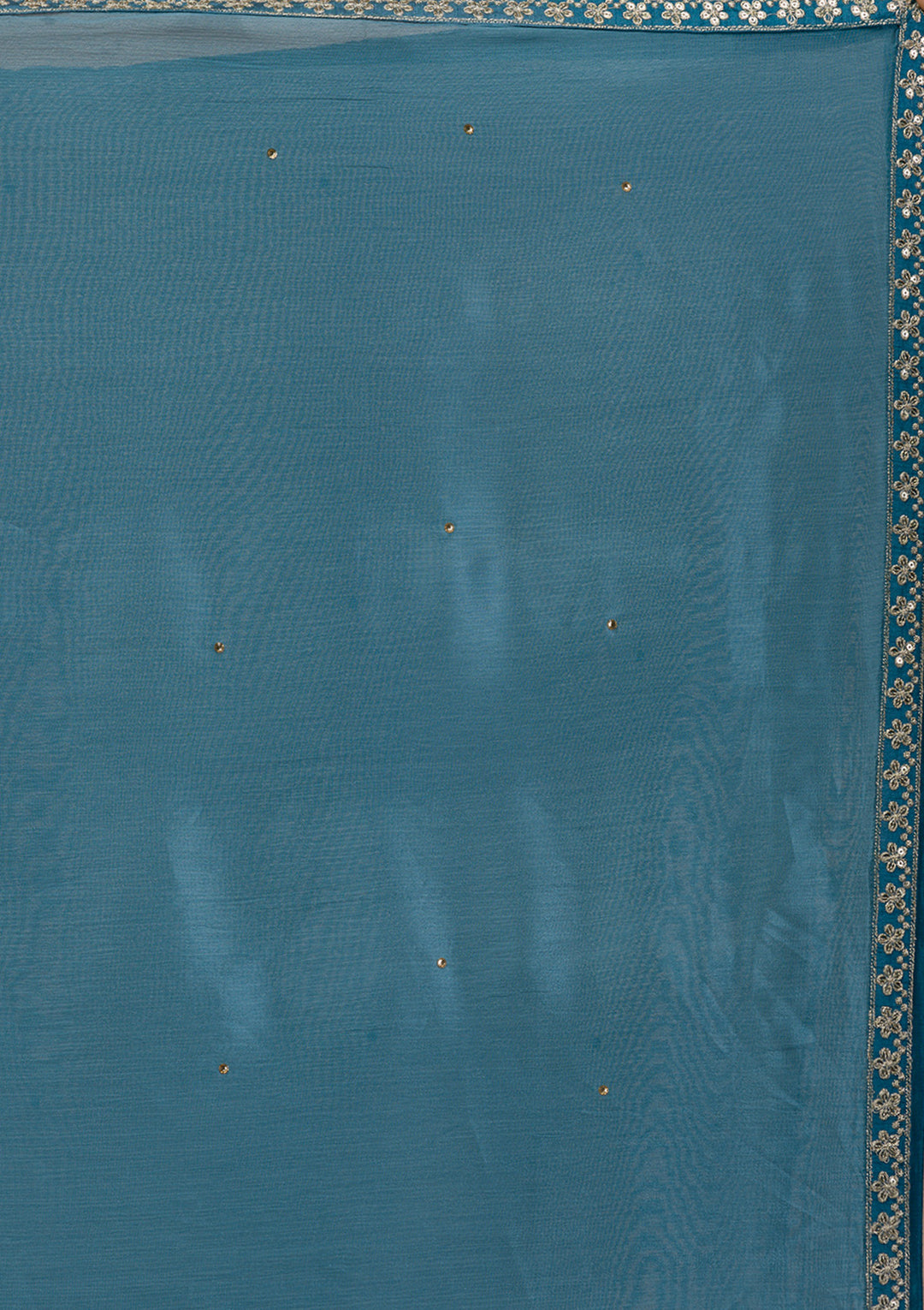 Turquoise Blue Zariwork Semi Crepe Readymade Anarkali Suit