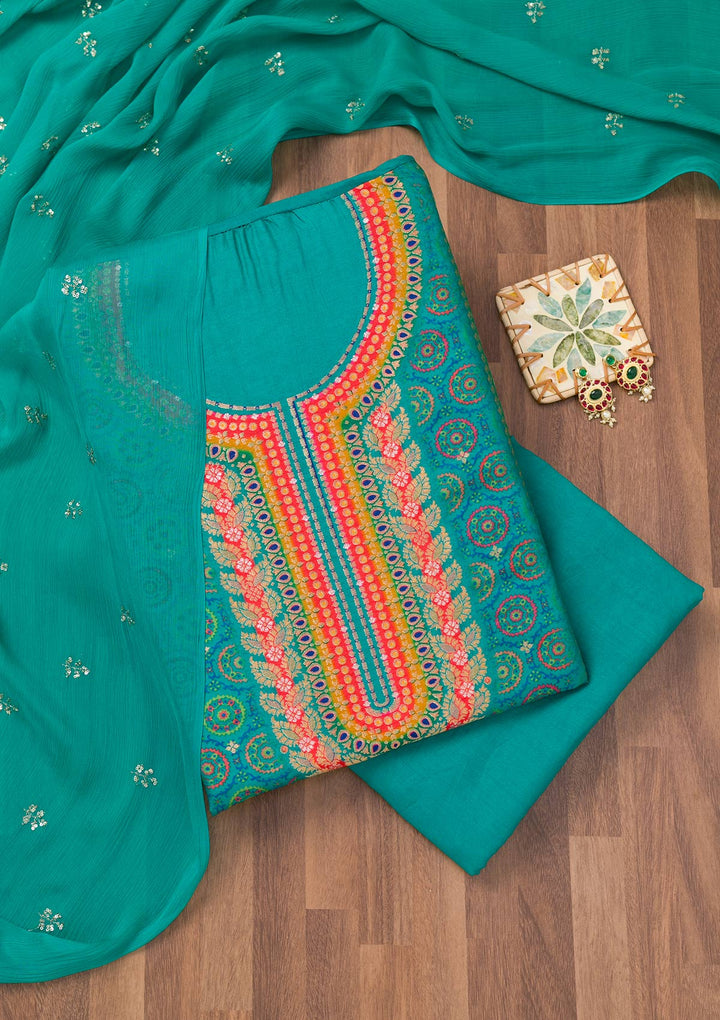 Turquoise Blue Zariwork Semi Crepe Unstitched Salwar Suit