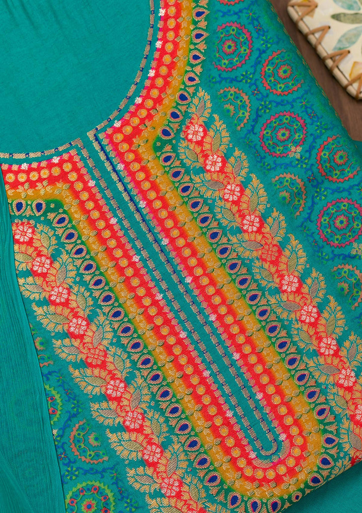 Turquoise Blue Zariwork Semi Crepe Unstitched Salwar Suit