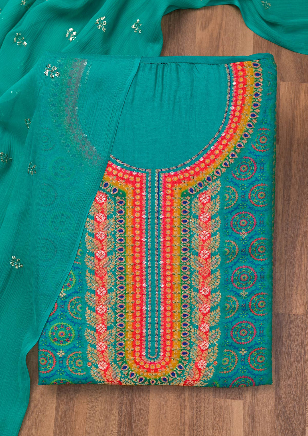 Turquoise Blue Zariwork Semi Crepe Unstitched Salwar Suit