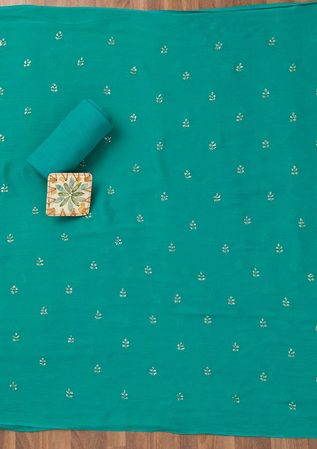 Turquoise Blue Zariwork Semi Crepe Unstitched Salwar Suit