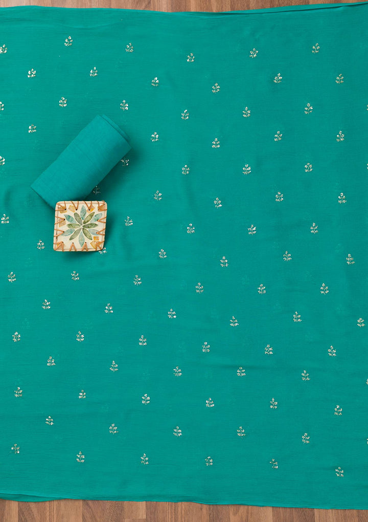 Turquoise Blue Zariwork Semi Crepe Unstitched Salwar Suit