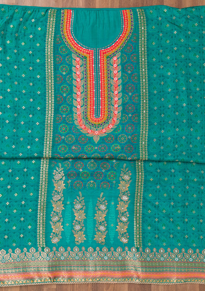 Turquoise Blue Zariwork Semi Crepe Unstitched Salwar Suit