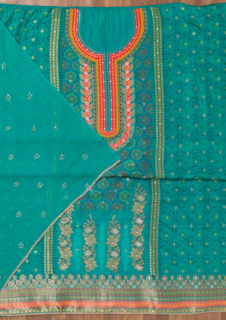 Turquoise Blue Zariwork Semi Crepe Unstitched Salwar Suit