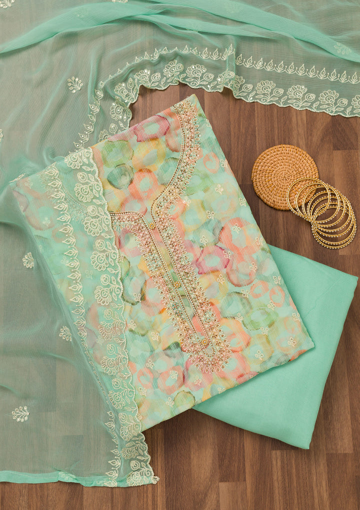 Turquoise Blue Zariwork Semi Crepe Unstitched Salwar Suit