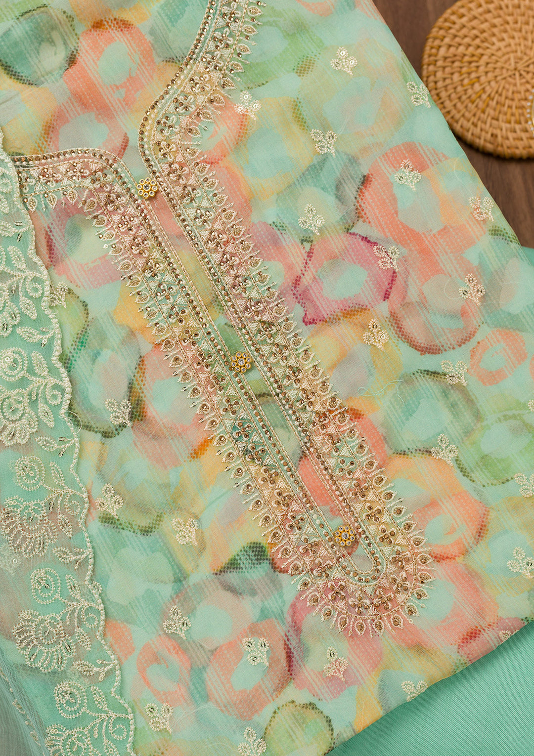 Turquoise Blue Zariwork Semi Crepe Unstitched Salwar Suit
