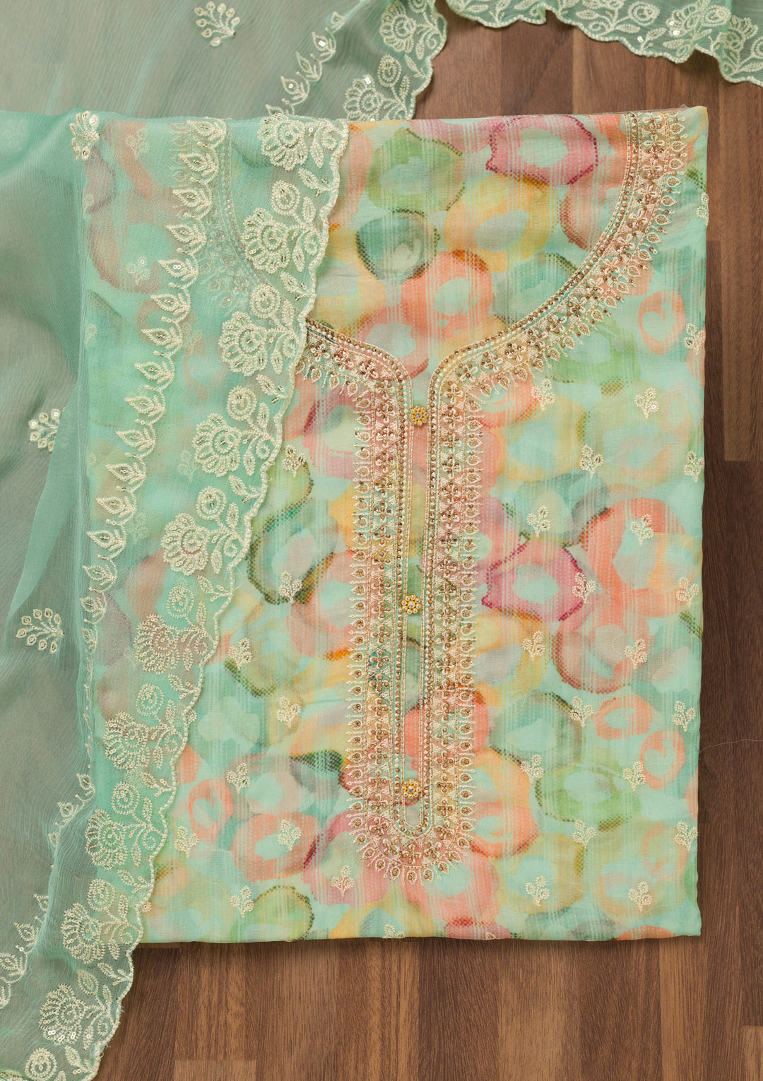 Turquoise Blue Zariwork Semi Crepe Unstitched Salwar Suit