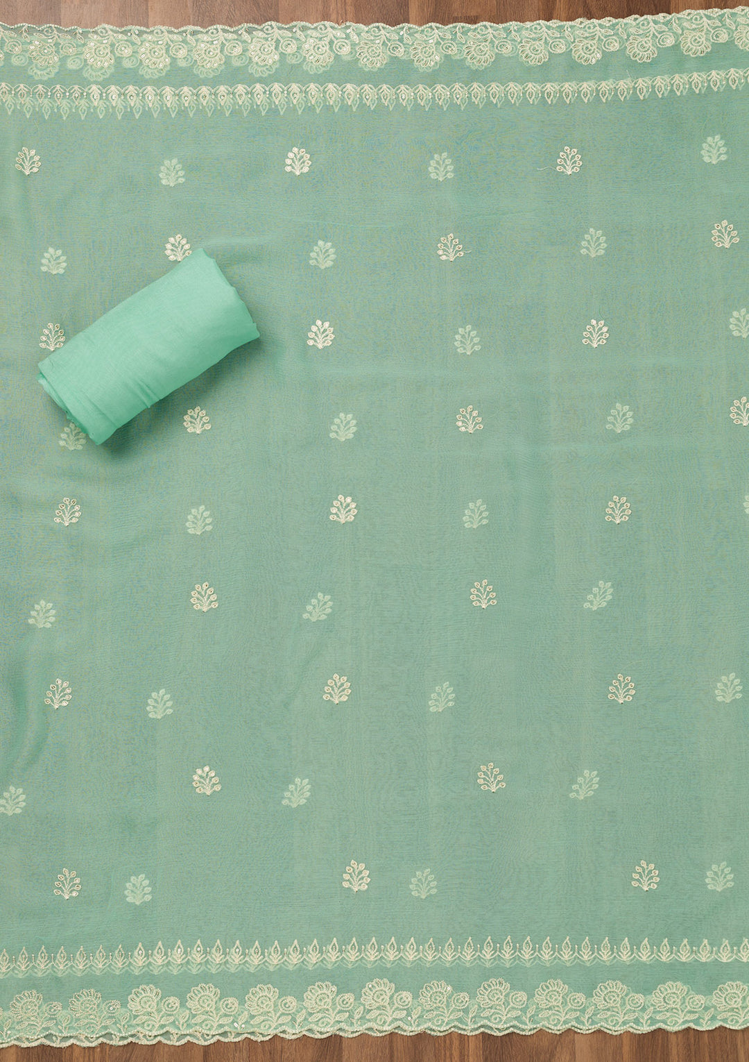Turquoise Blue Zariwork Semi Crepe Unstitched Salwar Suit