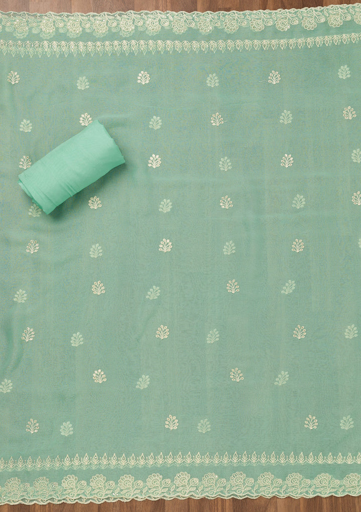 Turquoise Blue Zariwork Semi Crepe Unstitched Salwar Suit